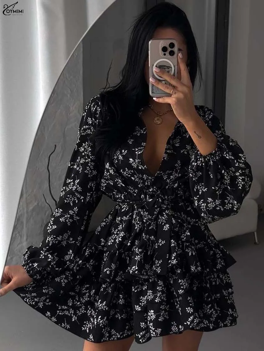 

Oymimi Elegant White Print Dresses 2025 Woman Fashion Lapel Long Sleeve Button Dresses Autumn Lace-Up Pleated Mini Dress Female