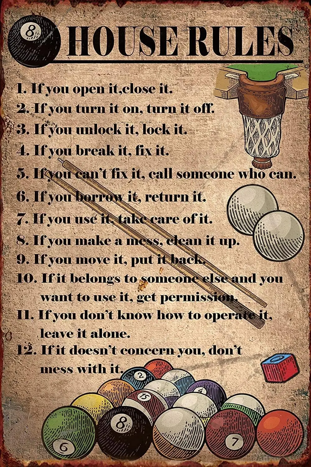 Starotore 8 Balls House Rules Metal Tin Signs Vintage Billiards Pool Antique Retro Posters Billiards Room Home Club Wall De sign