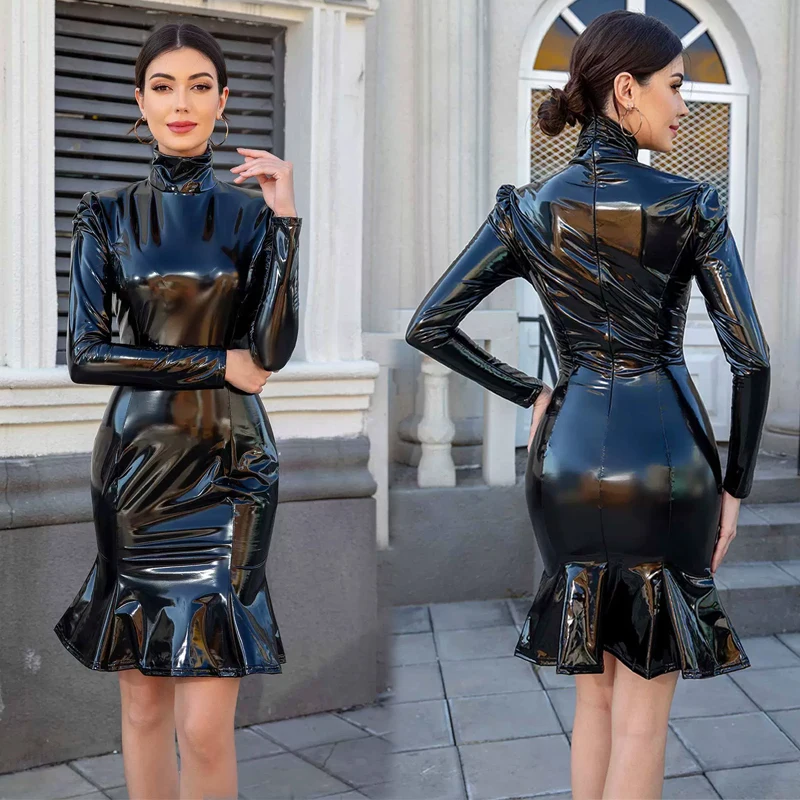 

Shiny Patent Leather Turtleneck Cosplay Dress Ladies Glossy Stretch PU Ruffles Midi Dresses Gothic Slim Fishtail Skirt