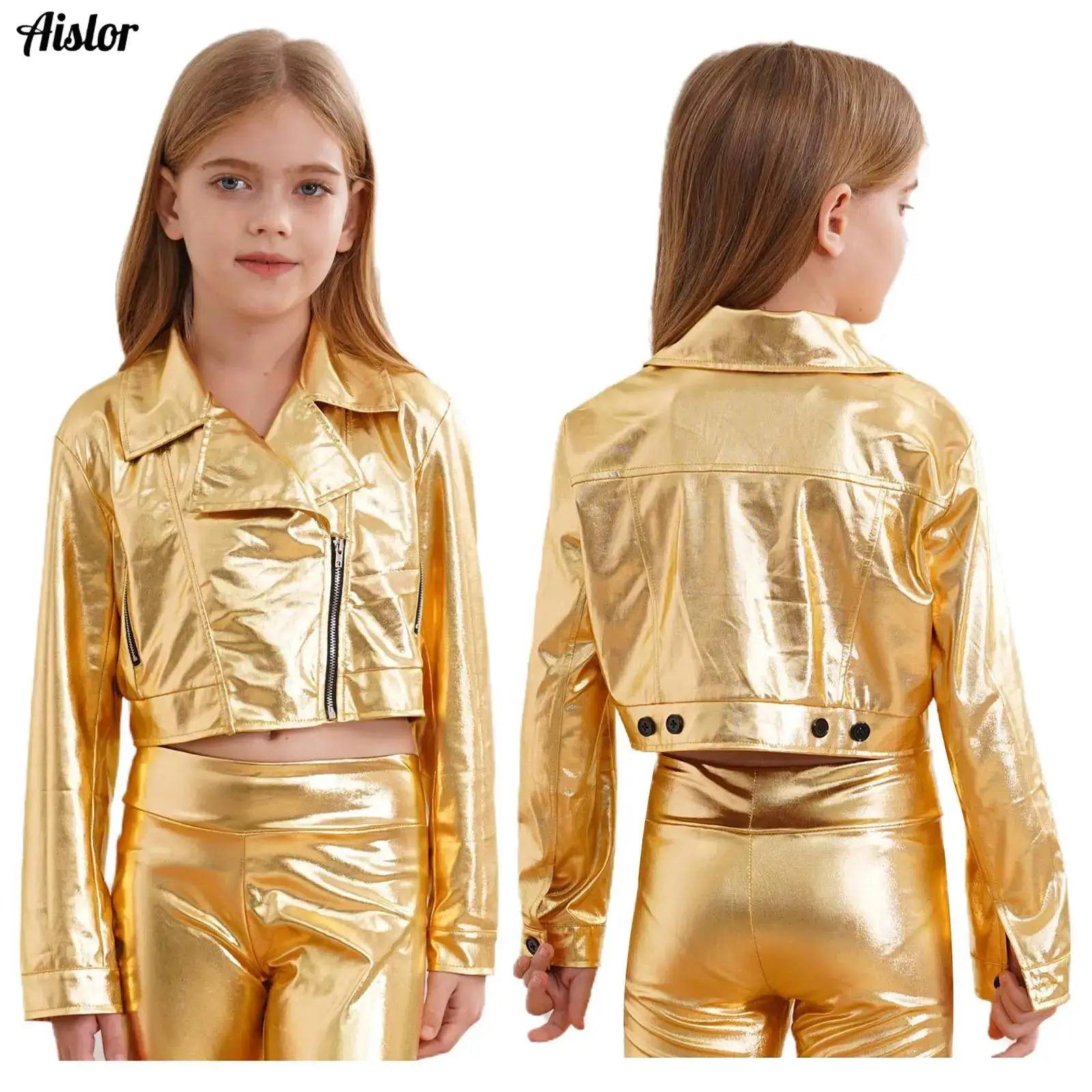 

Kids Boys Girls Jacket Hip-Hop Jazz Dance Tops Metallic Zipper Turn-Down Collar Long Sleeve Outwear Motorcycle Coat Streetwear