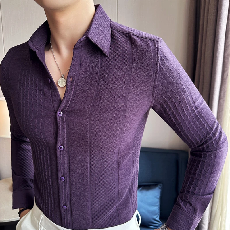 Luxury Jacquard Woven Long Sleeved Shirt for Men 2023 Autumn Casual Business Dress Shirts Slim Fit Social Party Tuxedo Blouse