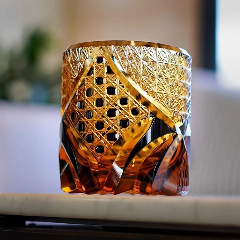 Japanese Black Warrior Armor Edo Kiriko Whisky Rock Glass Amber Crystals Whiskey Cup High-end Wine Glass Hand Cut Brandy Snifter