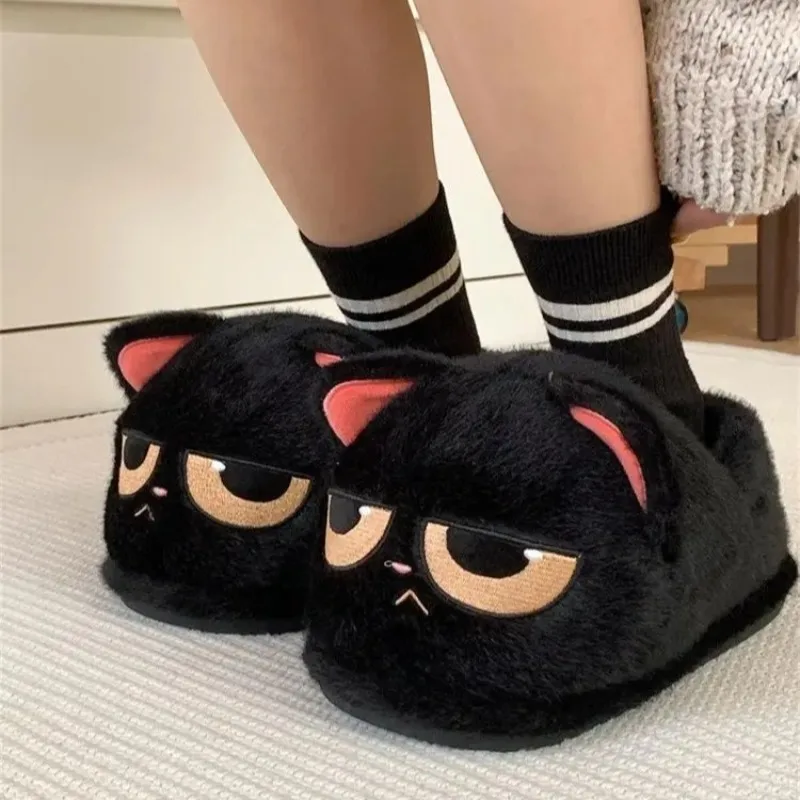 

Couple Indoor Slippers Fluffy Upset Cat Slippers for Women Plush Wrap Fur Shoes for Womens Novelty Home Flat Shoes Zapatos Mujer
