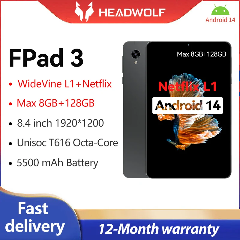 HEADWOLF FPad3 8.4 인치 FHD 안드로이드 14, 넷플릭스 L1 태블릿, 최대 8GB RAM + 128GB ROM, 옥타코어 4G LTE 듀얼 SIM, 5500 mAh