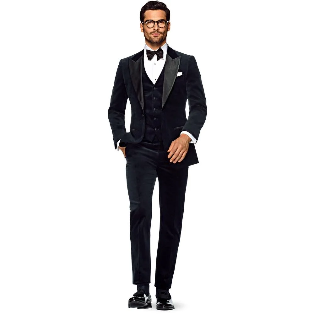 Navy Blue Velvet Men Suits 3 Piece Set Elegant Formal Casual Wedding Groom Tuxedo Fashion Slim Fit Male Suit (Blazer+Vest+Pants)