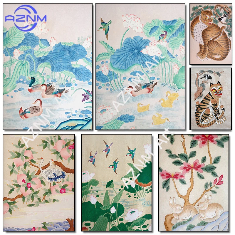 Klassische koreanische traditionelle Landschafts-Volkskunst, Lotusblumen, Vögel, Retro-Poster, Druck, Leinwandgemälde, Wandkunst, Bild, Heimdekoration