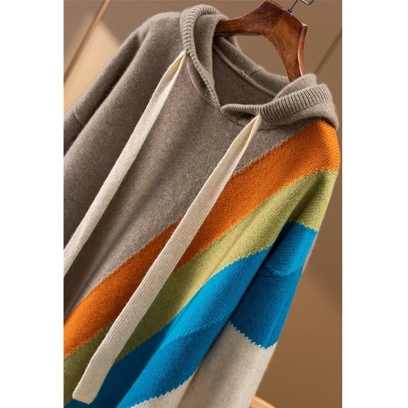 Autumn and winter new rainbow embossed 100 pure wool sweater women's sweater pullover sweater knitted wool base hooded sweater