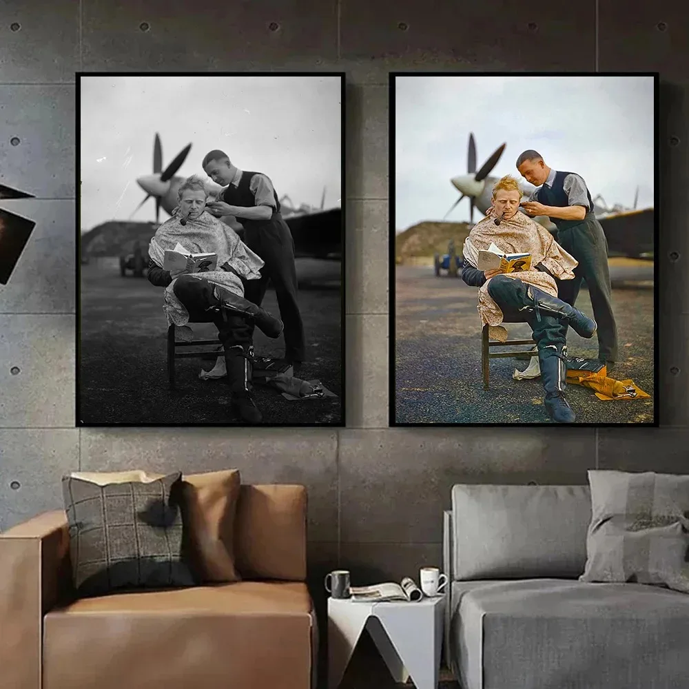 صور عتيقة لتزيين صالون الشعر ، شائكة الطيارين في الحرب العالمية الثانية ، مطبوعات بالأبيض والأسود ، فن حلاقة متجر الحلاقة ، تصفيف الشعر من قماش الكانفاس