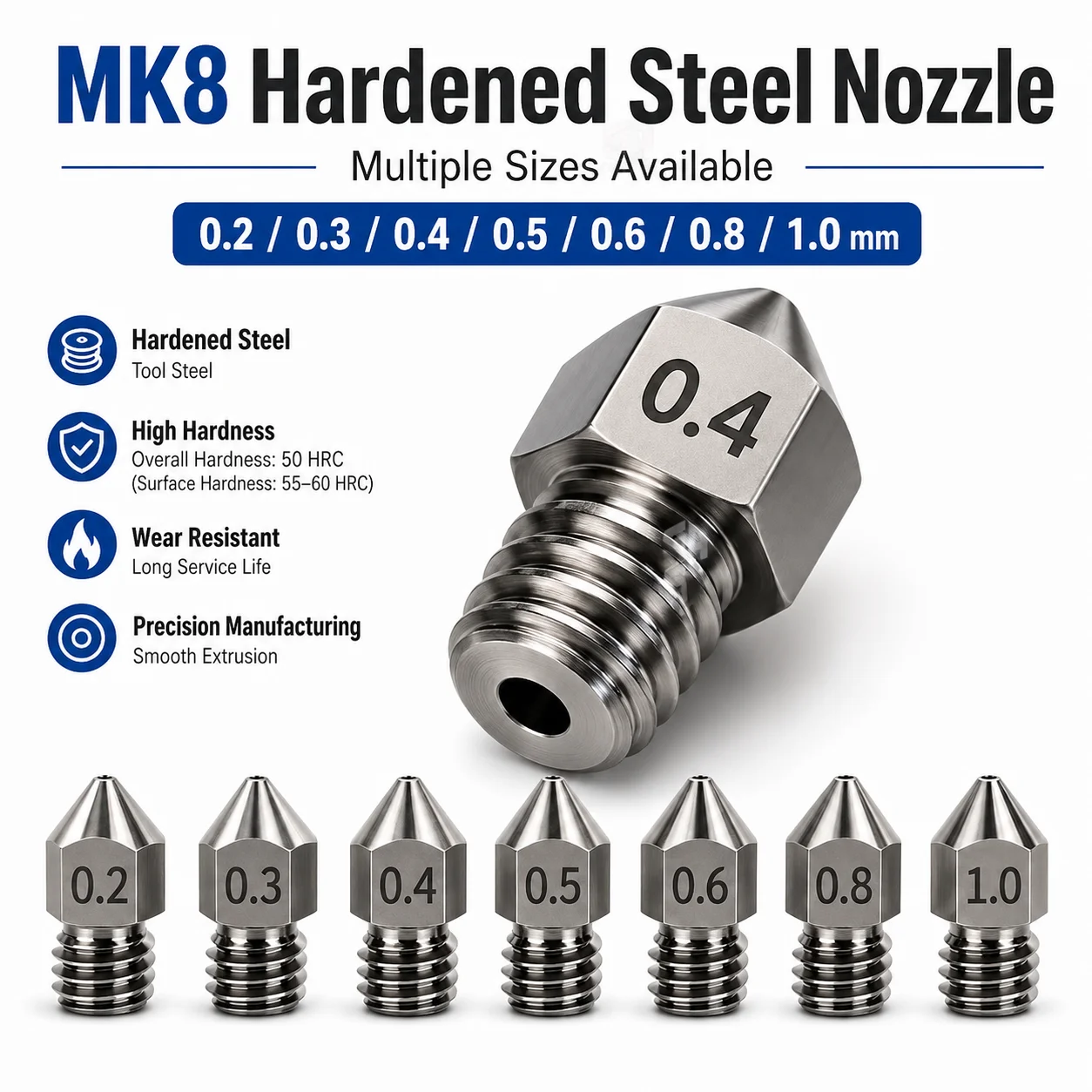 Hardened Steel Die Steel Nozzle for MK8 CR10 V6 M6 Thread Extruder Hotend Nozzle 1.75mm Filament