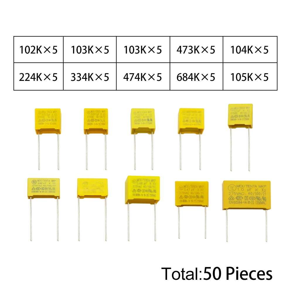 50pcs/Lot 224K 334K Polypropylene Film X2 Safety Capacitor Assorted Kit 275VAC 10Values Each 5pcs 1NF - 1UF 102K 103K 473K 104K