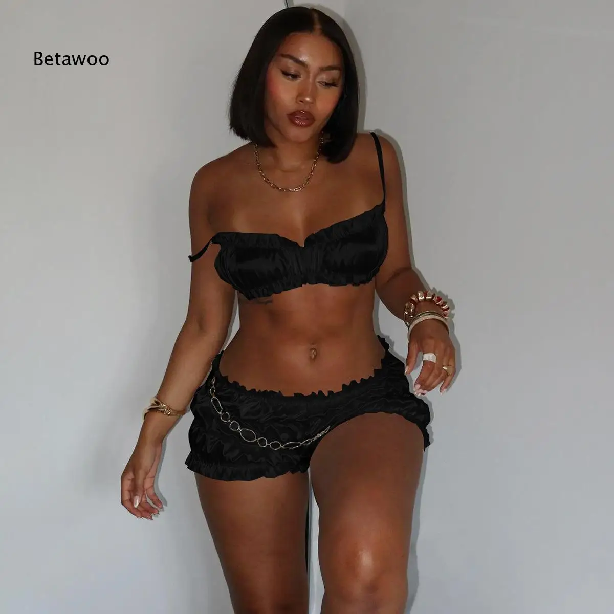 Women's Satin Ruched Camisole Top and Ruffle Hem Shorts 2-Piece Set, Sexy Lounge Wear with Chain Detail for Summer Night Out