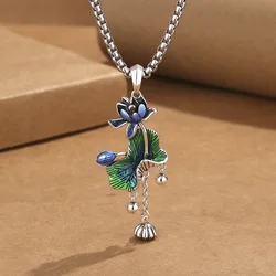 Retro Enamel Cloisonne Lotus Leaf Necklace Women's Literary Ethnic Style  Long Sweater Chain Pendant For Lady Necklace Gift