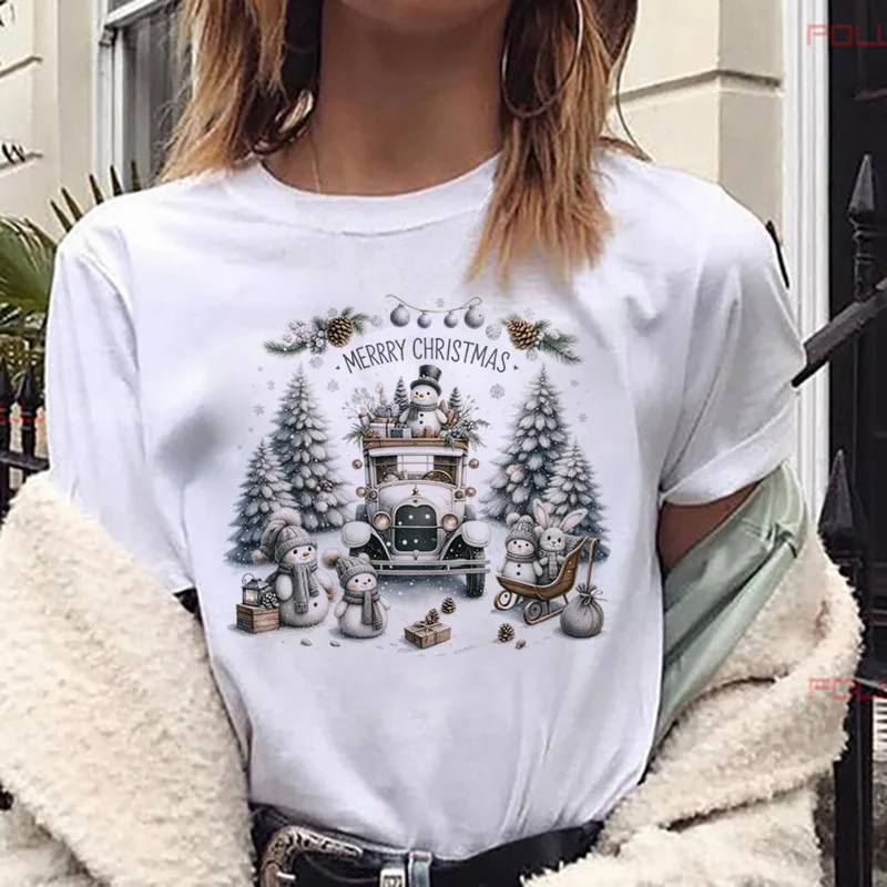 2024 Cute Merry Christmas Rabbit Snowman Women Clothing Y2k T-shirts White Casual Graphic T Shirts