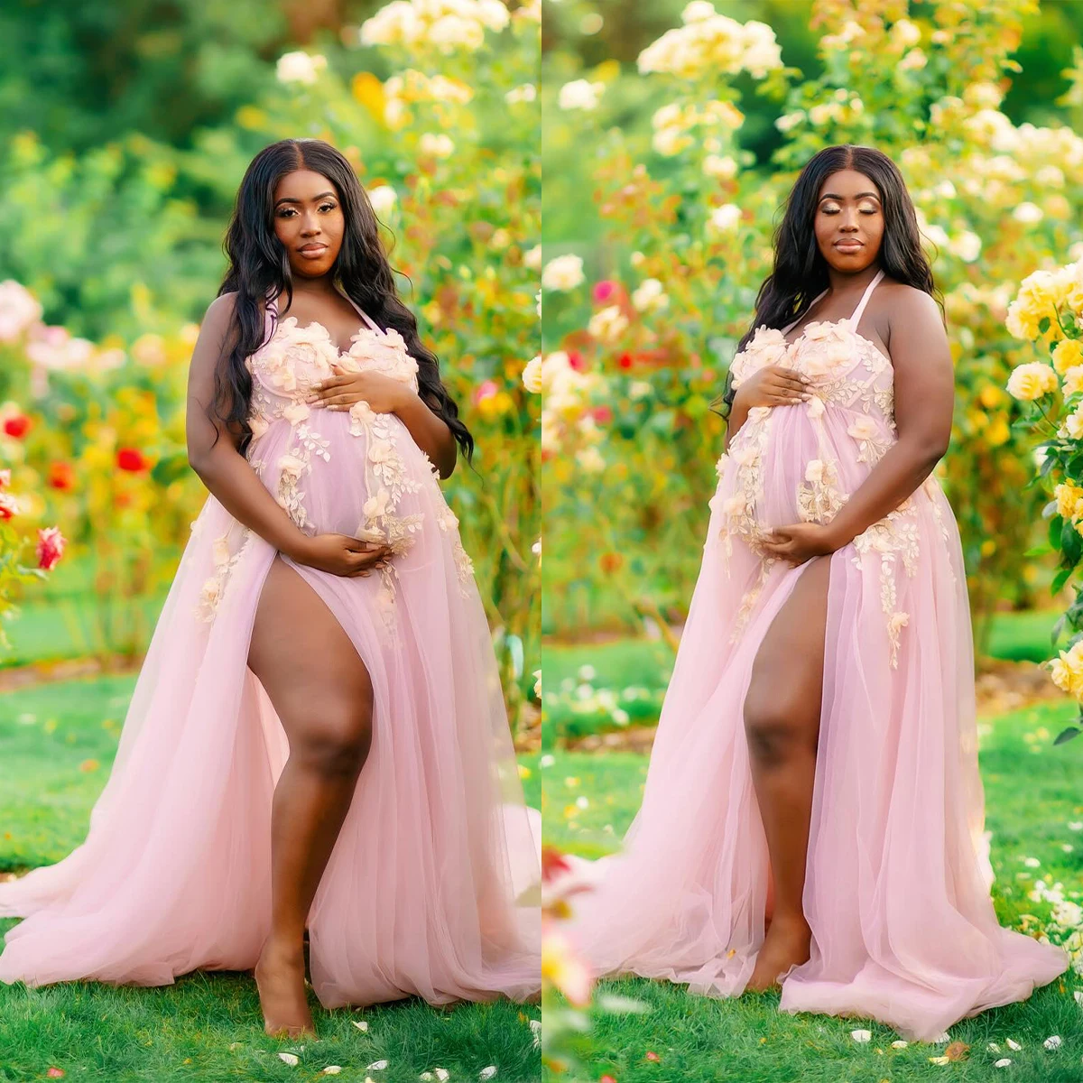 Maternity Tulle Dress Robe Dressing Gown Pink Lace Appliques Puffy Robe Sheer For Baby Shower Photoshoot Photography