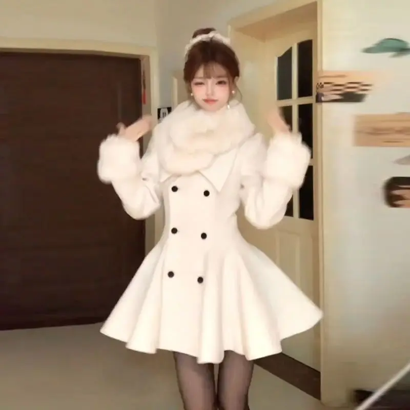 

Wrap Trench Coat for Women Quilted Autumn Winter Black Wool & Blends Slim Waist Fur Collar Jacket Chic Tops