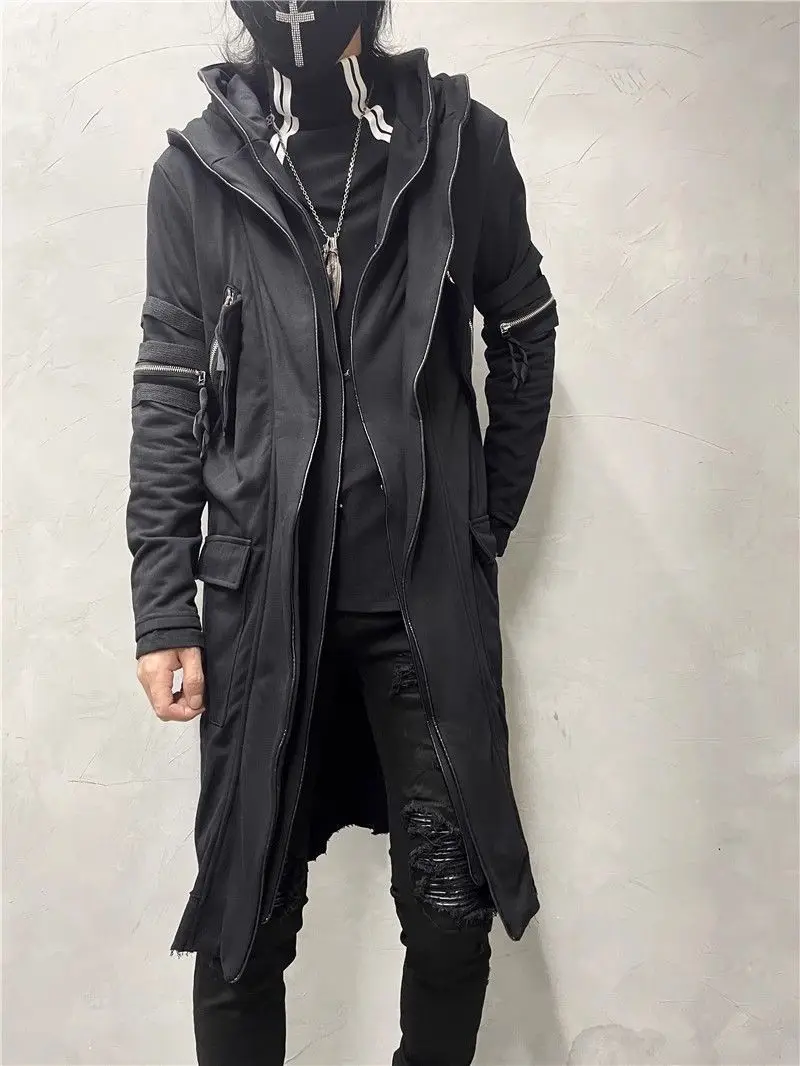 

Dark Retro Mid-Length Hooded Sweater Personality Stitching Multi-Pocket Zipper Top Fashion Trendy Coat