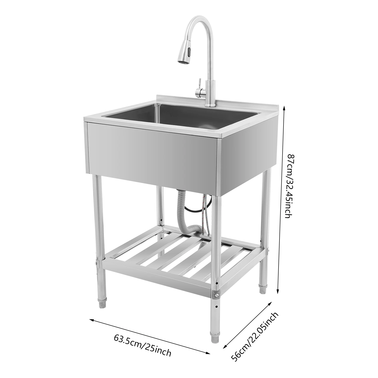 حوض غسيل ذو وعاء واحد، حوض تجاري مع صنبور قابل للسحب، حوض غسيل من الفولاذ المقاوم للصدأ مع حامل