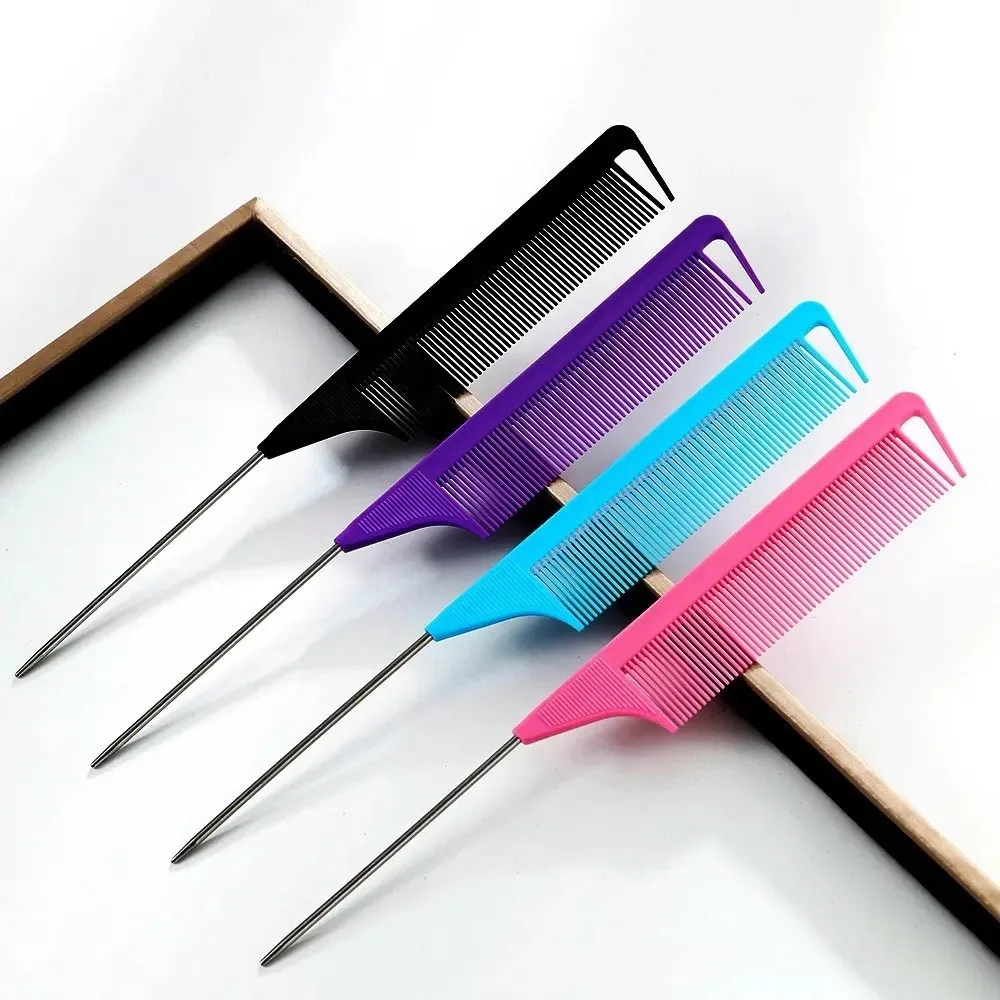 Metal Rat Tail Comb for Hair Highlighting Steel Pin Sectioning Comb for Dyeing Professional Salon Styling Colorful