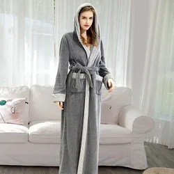 Men Women Autumn Winter  Pajamas Flannel Nightgown Hooded Bathrobe Coral Velvet Thickened Extended Soft Couple Night Clothes