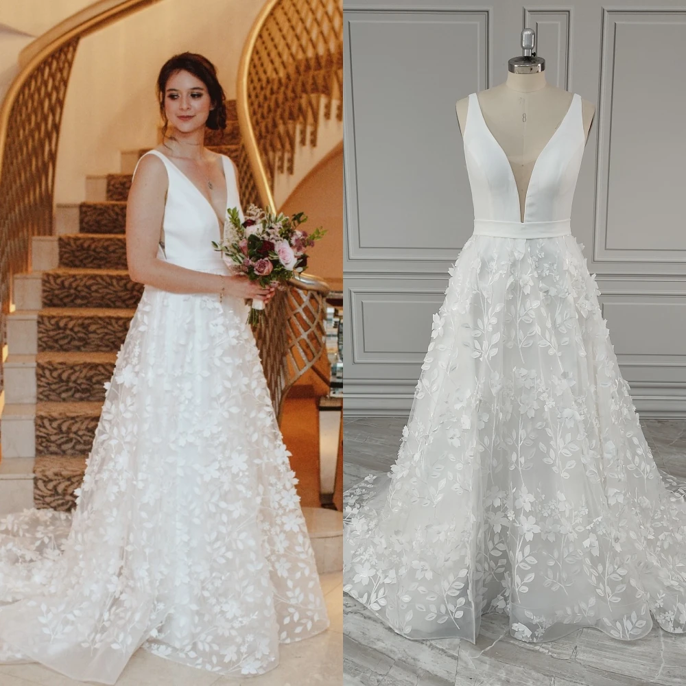 12283 #   Maßgeschneidertes Boho-Hochzeitskleid mit V-Ausschnitt und Vorderschlitz, 3D-Spitze, Sweep-Zug, A-Linie, Brautkleid für Frauen nach Maß