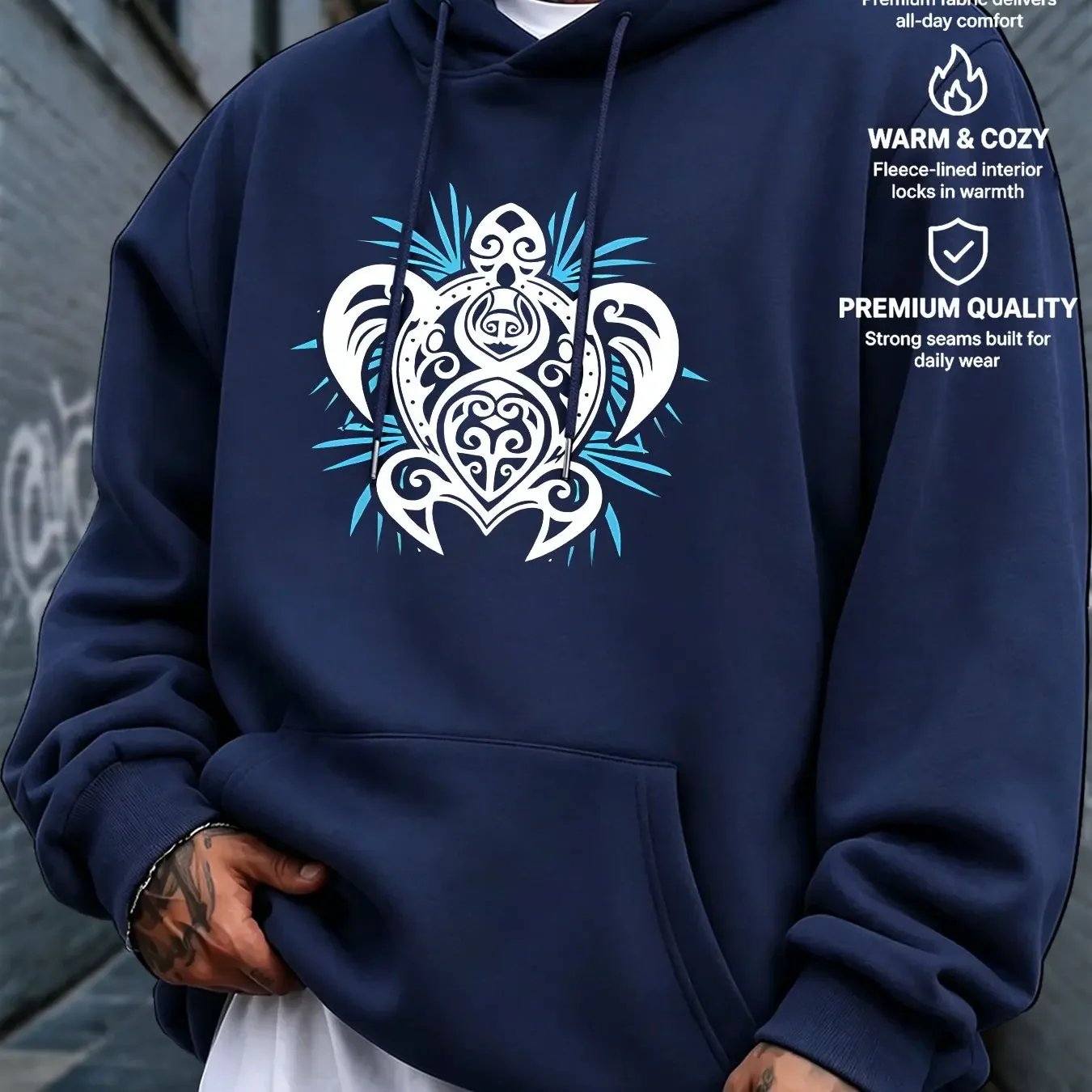 Polynesian Tribal Sea Turtle Graphic Hoodie Ocean Palm Decor Print Casual Long Sleeve Front Print Streetwear Pullover Sweatshirt
