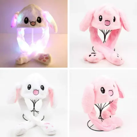 Cartoon Rabbit Hat LED Glowing Cute Plush Moving Jumping Cap Bunny Ears Earflaps Cospaly Hat Toys Gift for Women Children Girls