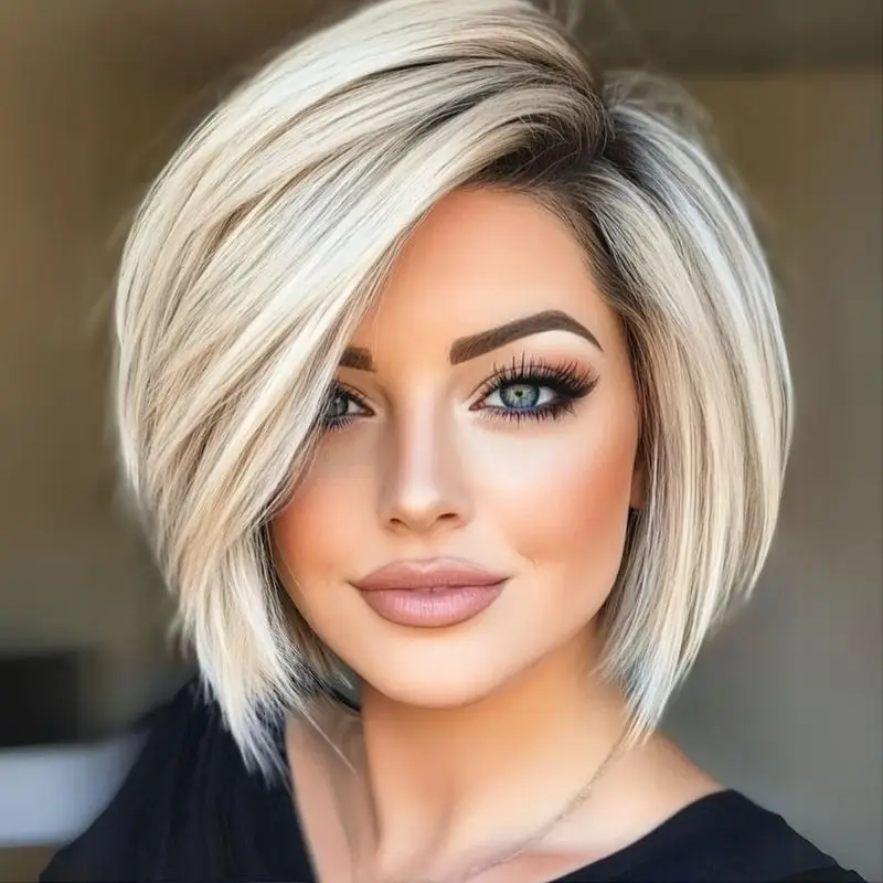 Short Color Gradient Blonde Bob Wig with Bangs Straight Hair