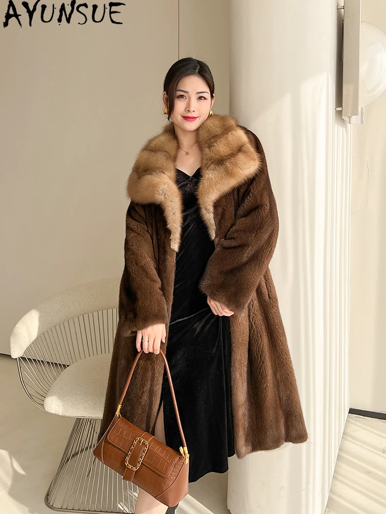 

AYUNSUE Натуральная бархатная норковая шуба Женская роскошная цельная норковая шуба из натурального меха Женская одежда Высокое качество Зимняя теплая Шуба Женская