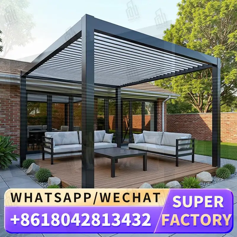 

Outdoor Pergola Kit Waterproof Manual Louvre Roof Bioclimatic Motorized Aluminium Garden Building System for Patio Backyard Terr