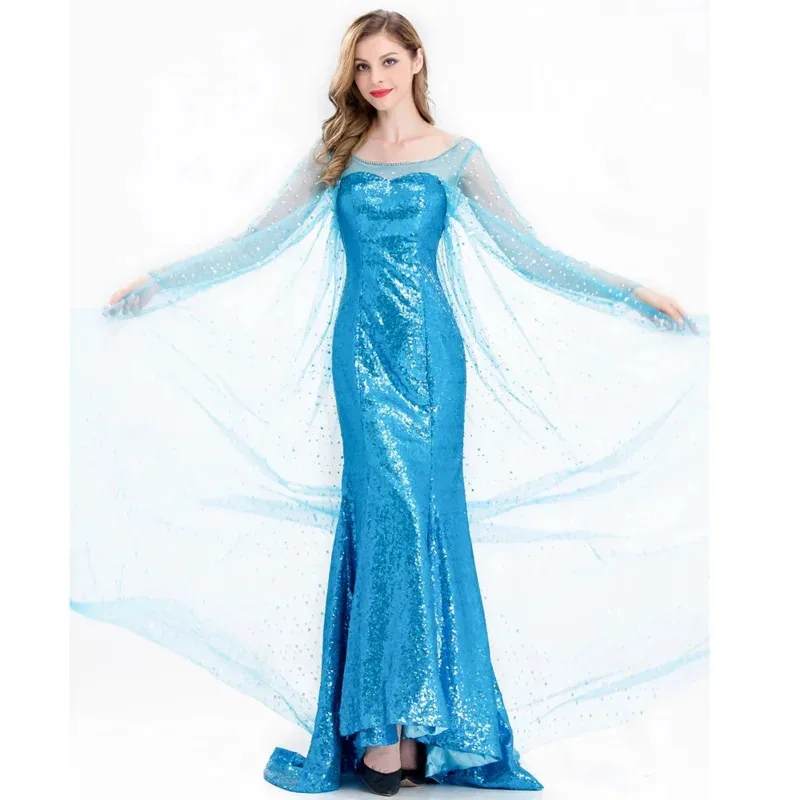 

Adult Elsa Frozen princess long dress Princess Elsa dress cosplay costume adult women girls Halloween carnival cosplay costume