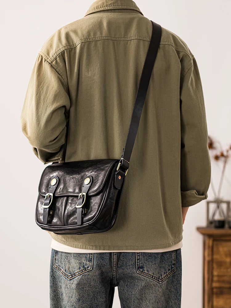 Outdoor casual high-quality genuine leather men's messenger bag vintage designer handmade cow leather work black shoulder bag