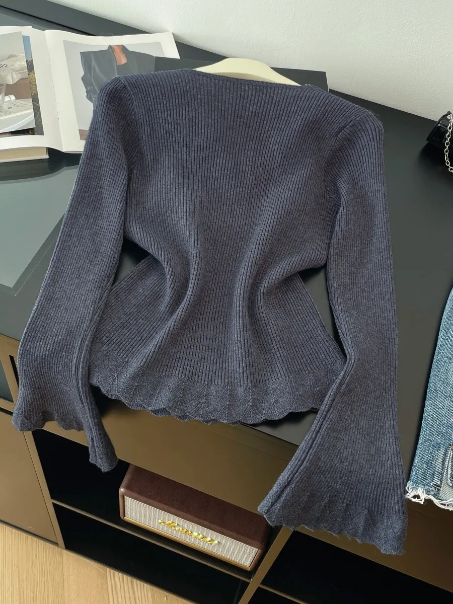 Flauschiges 3D-Blumen-Strickoberteil für Damen, V-Ausschnitt, schmale Passform, Bell Sve, warm, lässig, lang, Sve-Strickwaren für Herbst und Winter