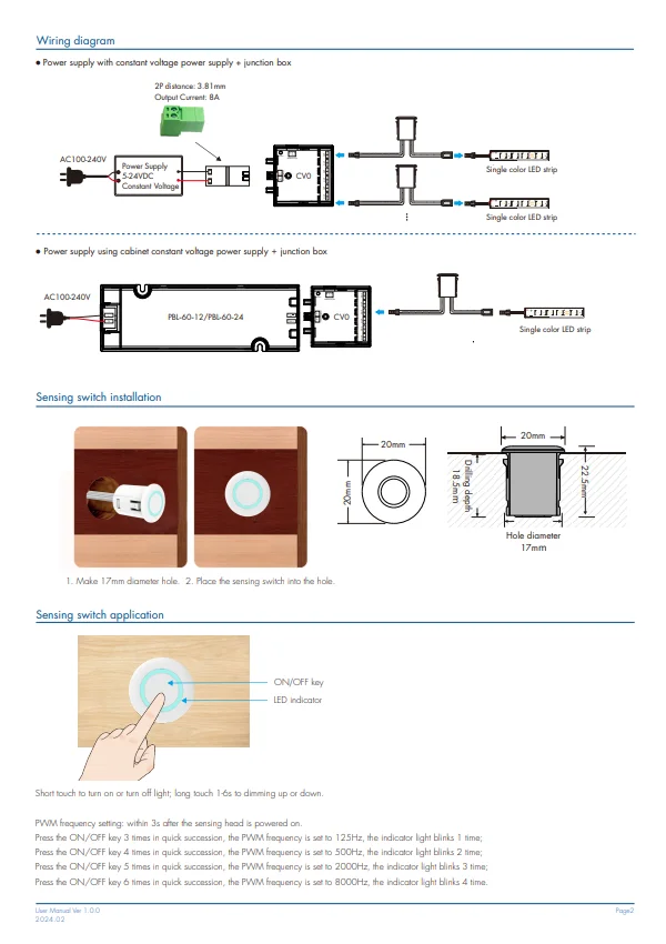 DC5V-24V 2.5A Dimmer Sensor Touch Sensing Switch EC-AV Controller Conceal Touch Sensing Switch for Single Color Led Strip Light