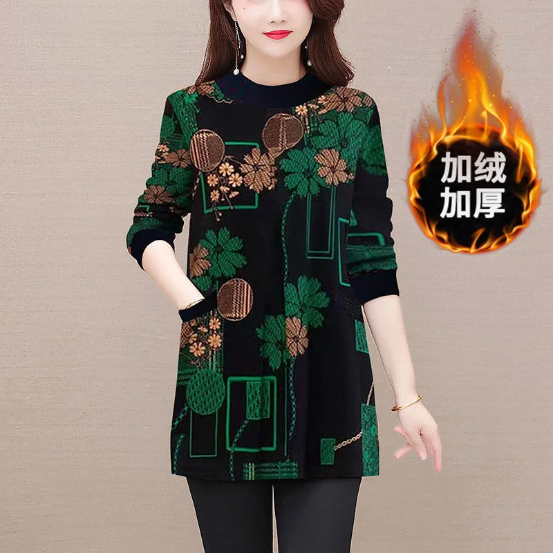 Women Winter Korean New Half High Collar Pullover Commuting Fashion Printing Pocket Splicing T-shirt Thickened Medium Long Tops