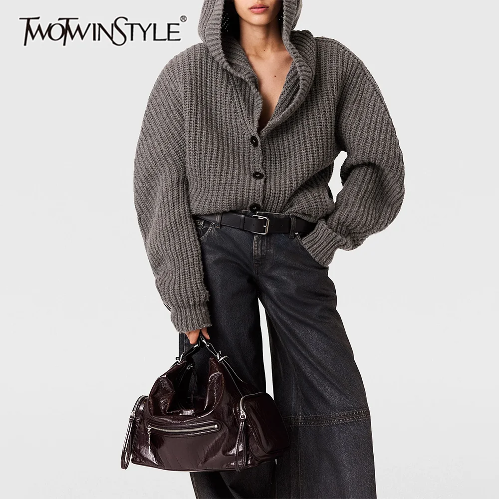 

TWOTWINSTYLE Loose Spliced Single Breasted Casual Cardigan for Women V Neck Long Sleeves Patchwork Hat Basics Cardigan Female
