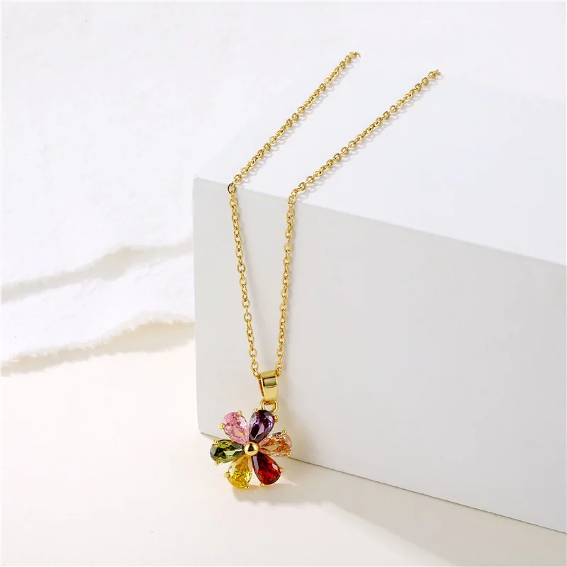 Fashion Colorful Zircon Flower Pendant Necklaces for Women Girls Stainless Steel Trendy Romantic Jewelry Accessories Gifts