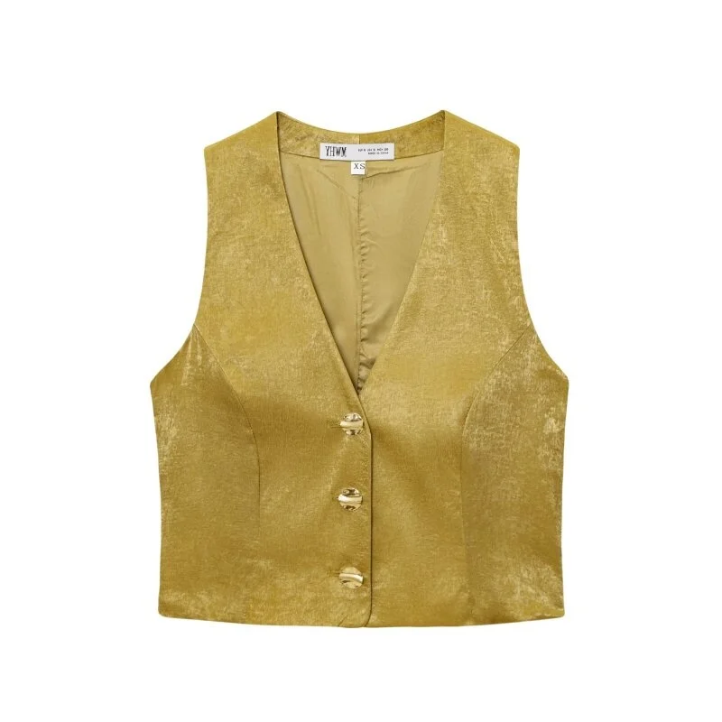 26Women's Spring Summer Gold Casual Two Piece Set V Neck Vest with Wide Leg Pants (Including Belt) Fashionable and Unique Outfit