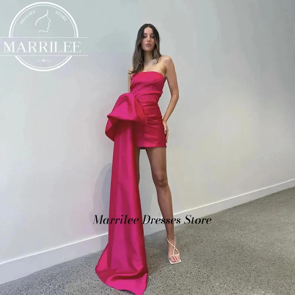 Marrilee Korte Mini Satijn Strapless Avondjurk Grote Strik Felroze Mouwloos Boven Knielengte Sexy Bruiloftsfeest Galajurken