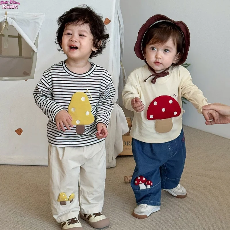 

Toddler Girl Clothes Cotton Mushroom Applique Long Sleeve Top 0-5Y Boys Kids Clothes Cute Striped and Solid Color Casual Tee