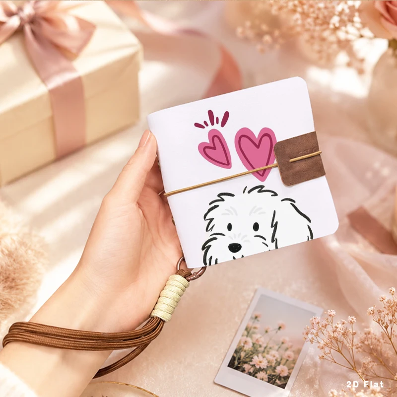 Lovely White Puppy Heart Pattern Mini Pocket Photo Album Portable Handheld Picture Book with Wrist Lanyard Memory Collecting Alb