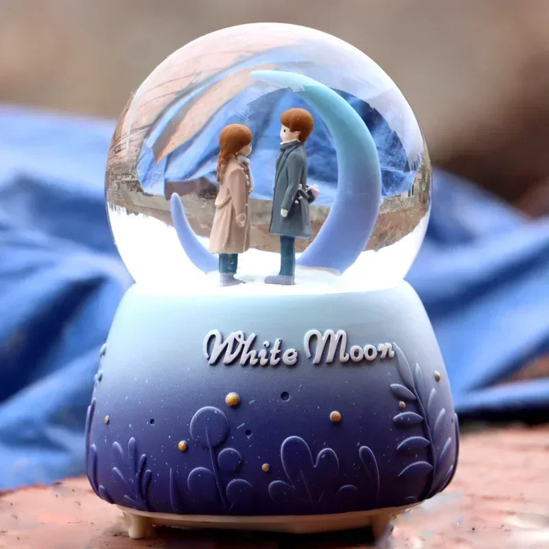 White Moonlight Couple Music Box Blue Purple Classic Drifting Snow Glow Crystal Ball Decoration