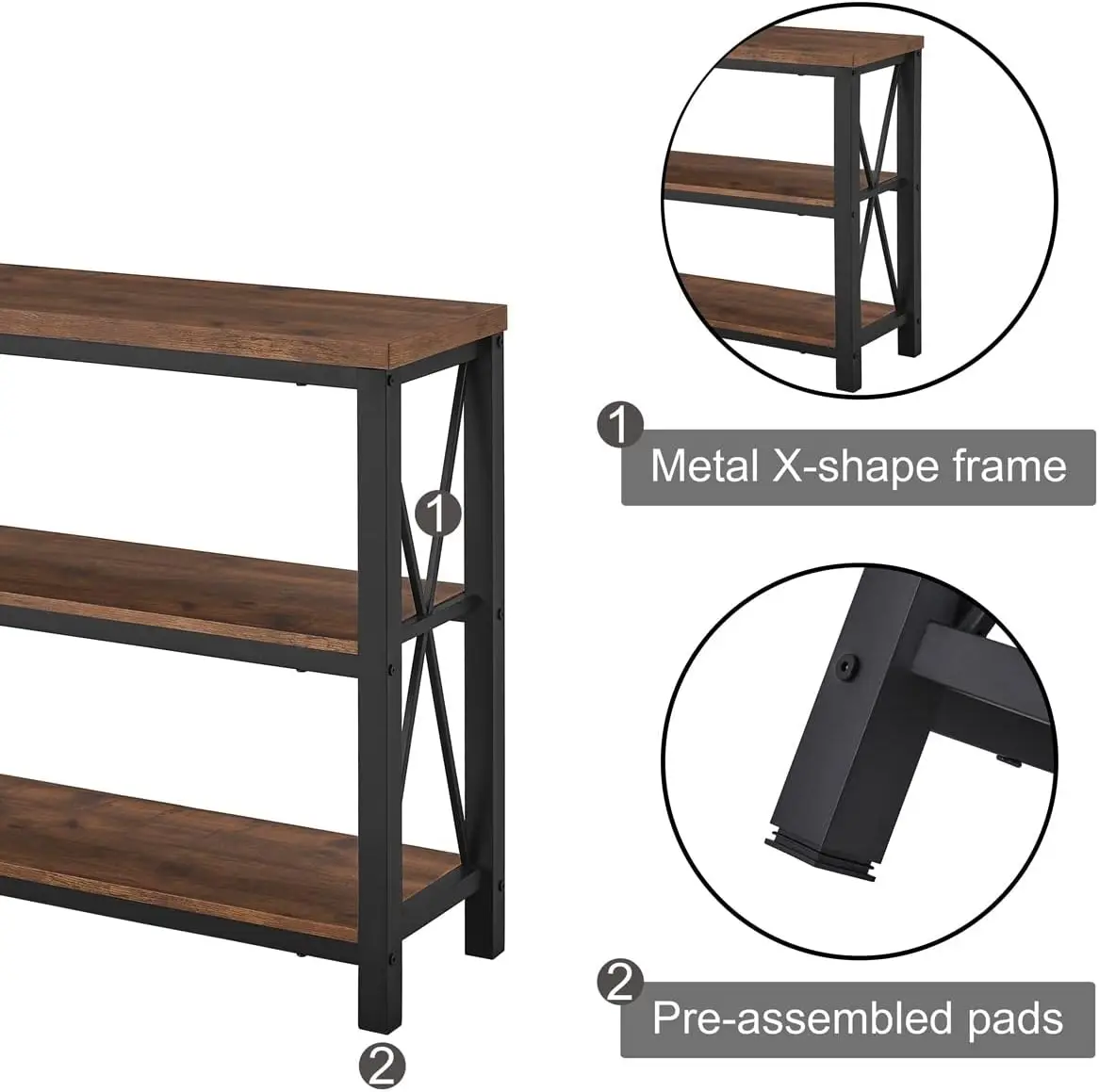 Rustic Console Table Behind Couch, Industrial Entryway Table with Shelves, Farmhouse 3 Tier Sofa Tables for Living Ro