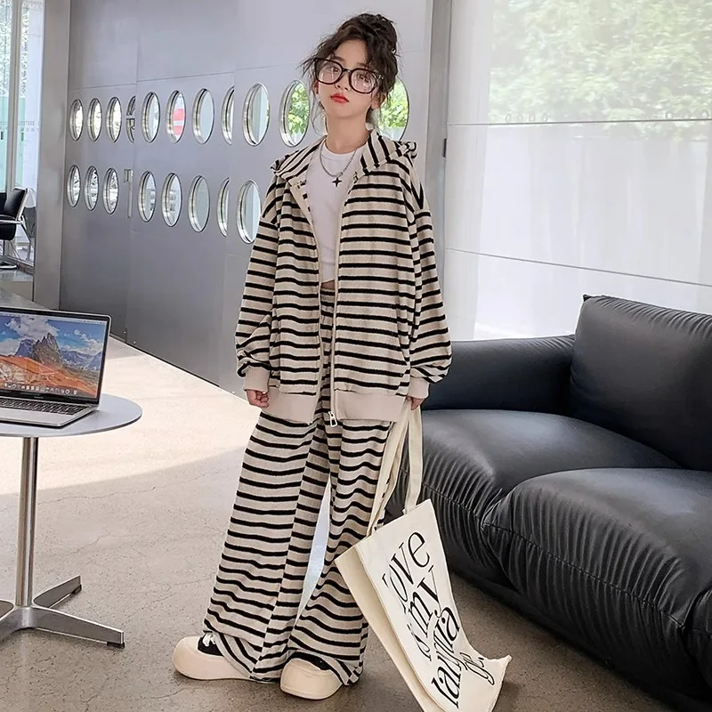 

2025 Korean Autumn School Girl Sport Sets Junior Girl Striped Hooded Zipper Sweat Jackets+Wide-leg Pants Set For 4-14Y Girls