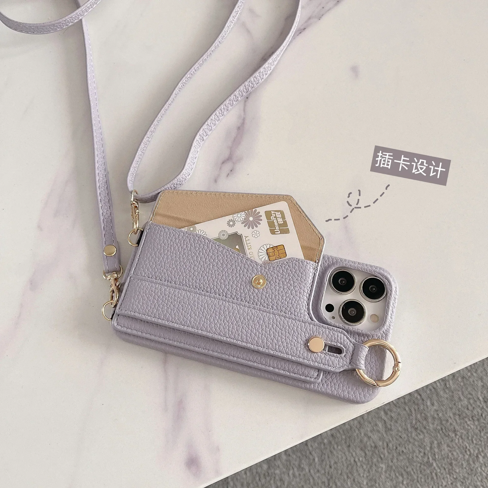 Ring-Crossbody-Handgelenkriemen-Brieftaschen-Lederhülle für iPhone 17 16 15 14 13 12 11 Pro Max Handyhülle mit Kartenfach und Lanyard – Detail 23