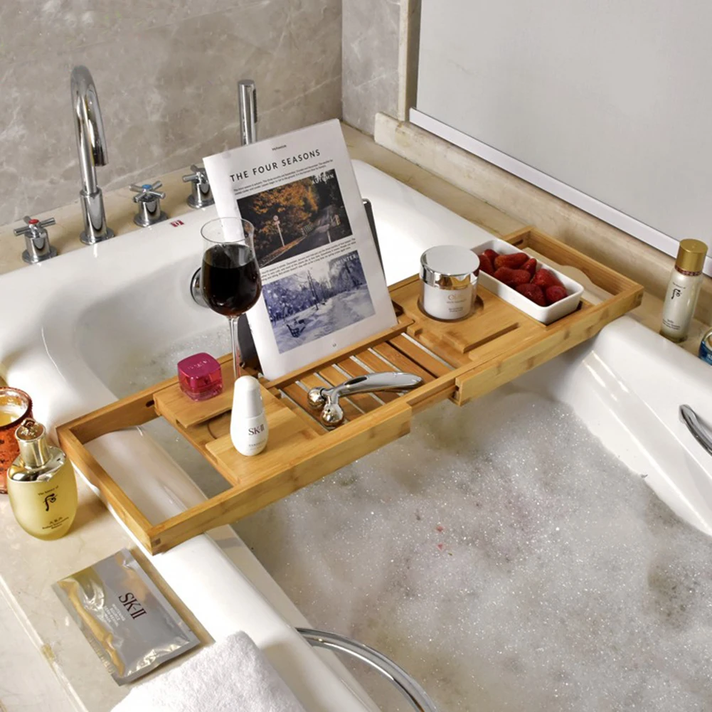 Bathroom Tray Bamboo Retractable Multifunctional Wooden Trays Book Holder Modern Style