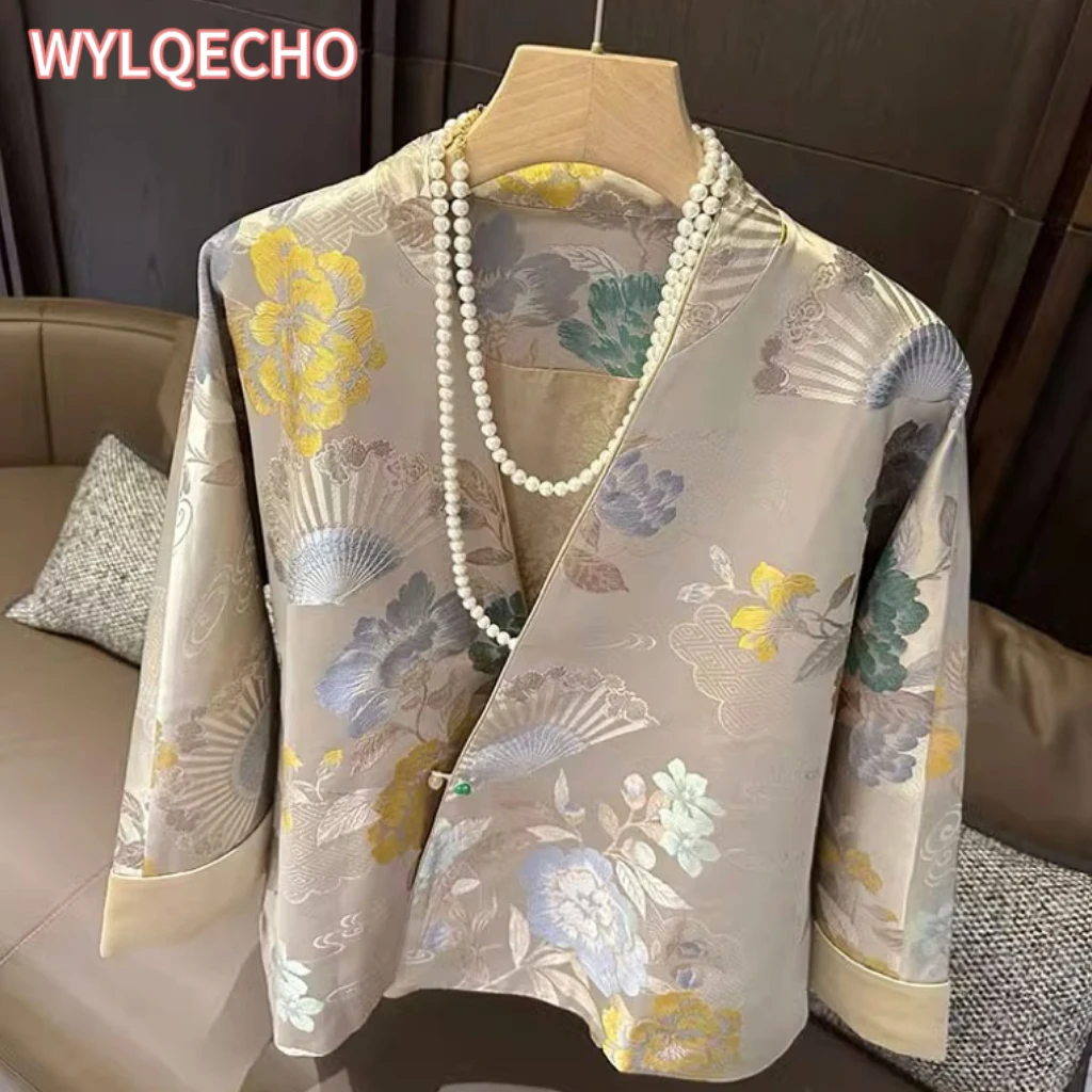 2024 Nieuwe Chinese Stijl Herfst Nieuwe Verbeterde Tang Suit Jas Dames V-Hals Lange Mouw Retro Mode Stijl Dagelijkse Chinese Blouse