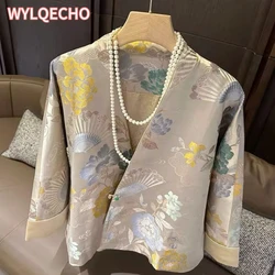 2024 new chinese style autumn new improved tang suit coat female v-neck long sleeve retro fashion style daily chinese blouse
