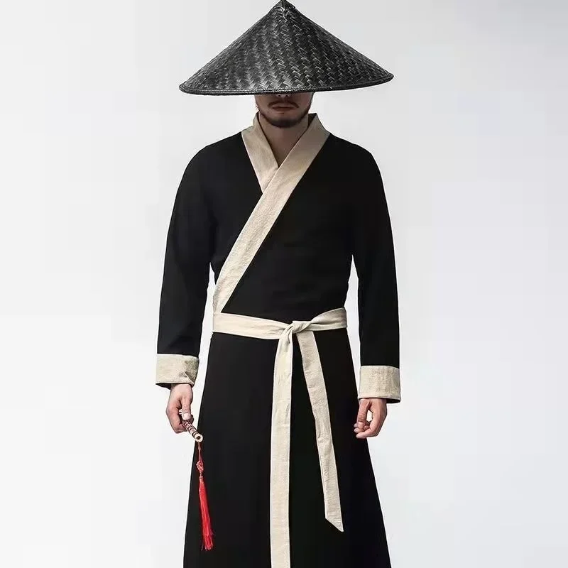 Men Black Ancient Warrior Robe White Cross Collar Belted Long Coat Oriental Knight Costume with Tassel for Cosplay Party view 5