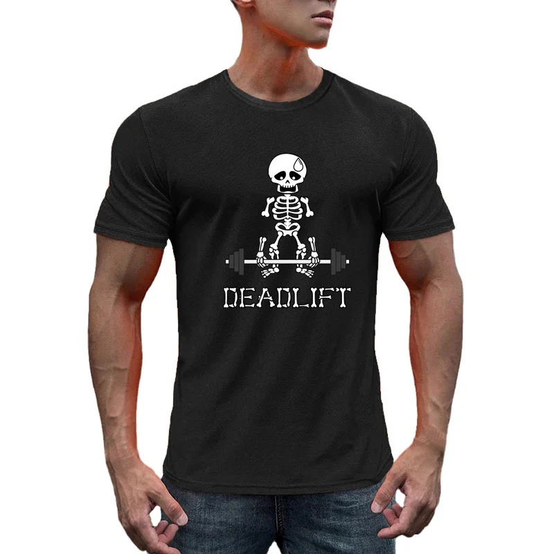 Human Skeleton Deadlift Barbell Printed Gym Bodybuilding Shirts Summer Mesh Quick Dry Mens Fitness Short Sleeves Casual T-shirts