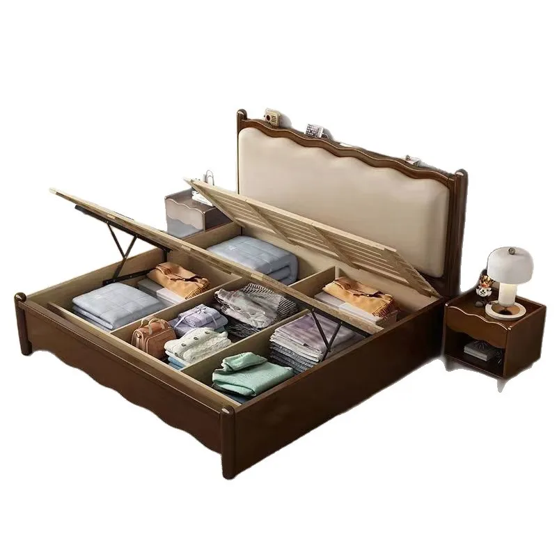 

Medieval style solid wood bed 1.8 double 1.5 high box single bed modern simple Nordic walnut soft bag wedding bed